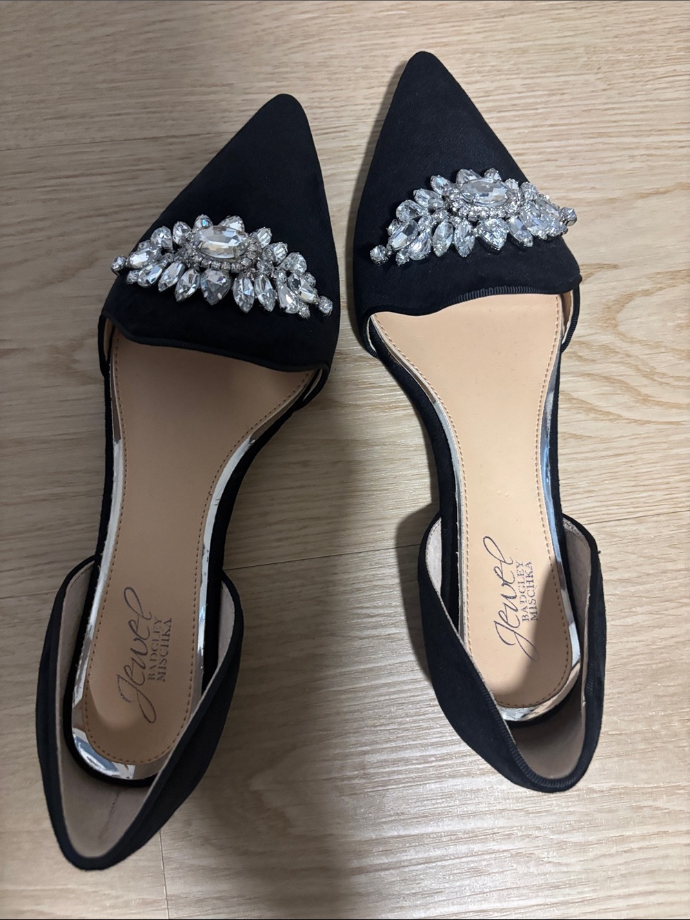 Jewel Badgley Mischka Black Pointed D'Orsay Flats with Crystal Brooch
